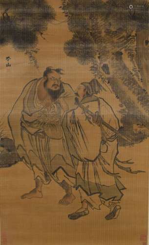 FIGURES, INK AND COLOR ON SILK, HANGING SCROLL, ZHANG PINGSH...