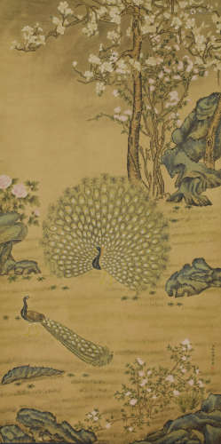 PEACOCK, INK AND COLOR ON PAPER, HANGING SCROLL, LANG SHI’NI...