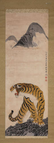 TIGERS, INK AND COLOR ON SILK, HANGING SCROLL, LING FEI