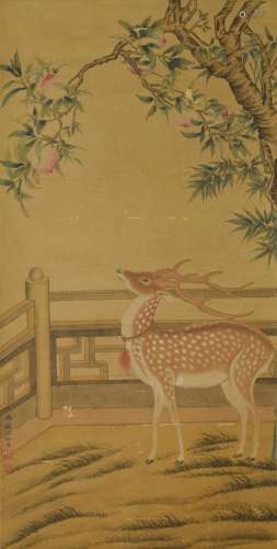 DEER, INK AND COLOR ON PAPER, HANGING SCROLL, SHEN QUAN