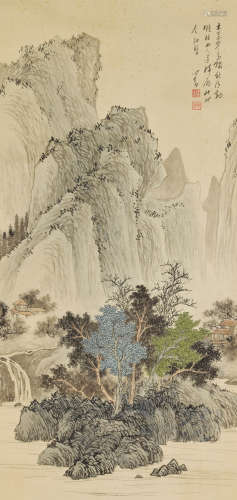 LANDSCAPE, INK AND COLOR ON PAPER, HANGING SCROLL, PU RU