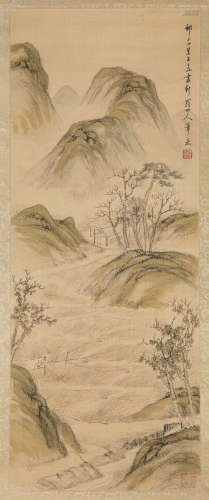LANDSCAPE, INK AND COLOR ON SILK, HANGING SCROLL, HUA YAN