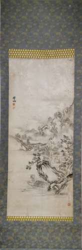 LANDSCAPE, INK AND COLOR ON PAPER, HANGING SCROLL, ZHANG PIN...