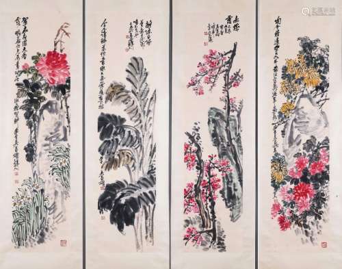 FLOWERS, INK AND COLOR ON PAPER, HANGING SCROLL, SET OF FOUR...