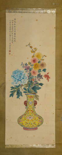 FLOWERS, INK AND COLOR ON PAPER, HANGING SCROLL, PU RU