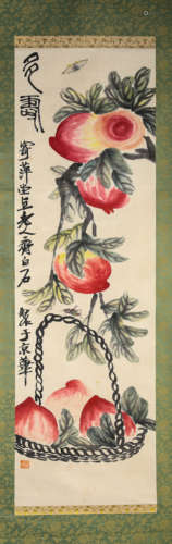 PEACHES, INK AND COLOR ON PAPER, HANGING SCROLL, QI BAISHI