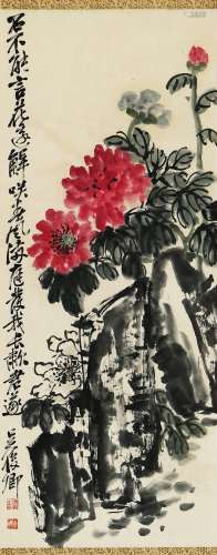 FLOWERS, INK AND COLOR ON PAPER, HANGING SCROLL, WU CHANGSHU...