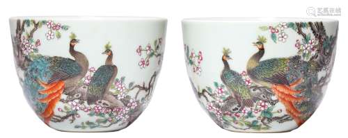 A PAIR OF FAMILLE ROSE FLOWER AND BIRD CUPS