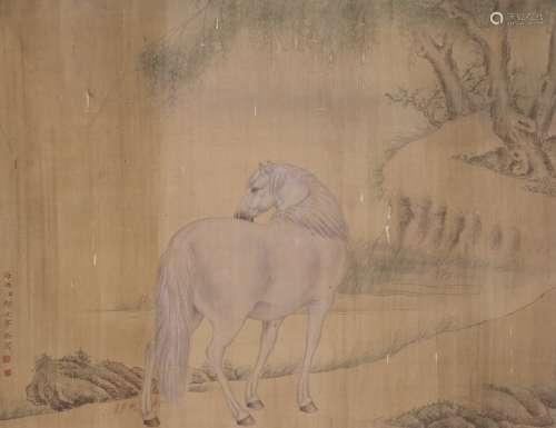 HORSE, INK AND COLOR ON SILK, MOUNTED, LANG SHI’NING