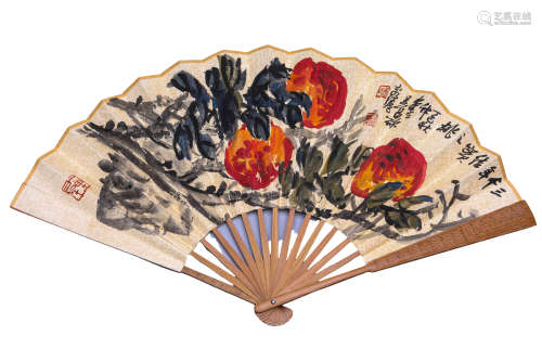 PEACHES, INK AND COLOR ON PAPER, FOLDING FAN, WU  CHANGSHUO