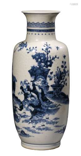A BLUE AND WHITE FIGURE STORY ROULEAU VASE
