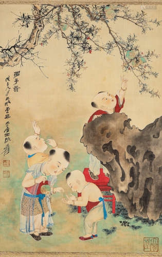 CHILDREN, INK AND COLOR ON SILK, HANGING SCROLL, ZHANG DAQIA...