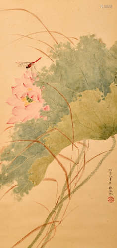 LOTUS, INK AND COLOR ON PAPER, HANGING SCROLL, CHEN PEIQIU