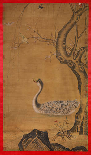 BIRD, INK AND COLOR ON SILK, HANGING SCROLL, CUI BAI