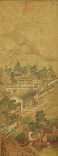 LANDSCAPE, INK AND COLOR ON SILK, HANGING SCROLL, XU YANG