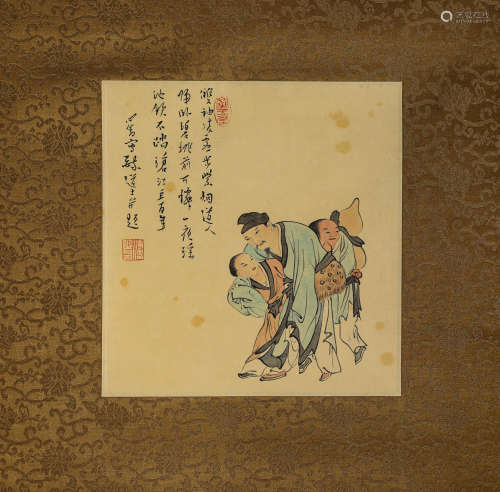 FIGURES, INK AND COLOR ON PAPER, HANGING SCROLL, PU RU