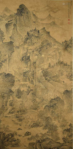 LANDSCAPE, INK AND COLOR ON PAPER, HANGING SCROLL, WANG MENG
