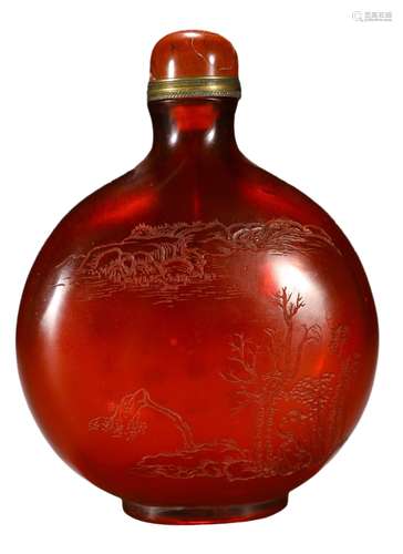 A RED GLASS LANDSCAPE SNUFF BOTTLE