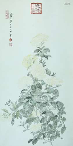 FLOWERS, INK AND COLOR ON PAPER, HANGING SCROLL, CI XI