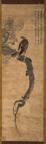 BIRD, INK AND COLOR ON PAPER, HANGING SCROLL, ZHANG DAQIAN
