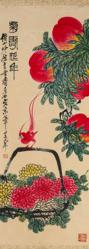 CHRYSANTHEMUM, INK AND COLOR ON PAPER, HANGING SCROLL, QI BA...