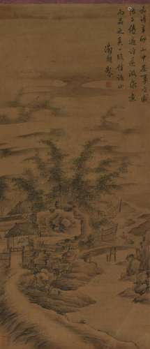 LANDSCAPE, INK AND COLOR ON SILK, HANGING SCROLL, WEN ZHENGM...