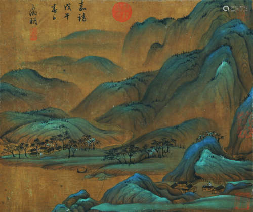 LANDSCAPE, INK AND COLOR ON SILK, MOUNTED, WEN ZHENGMIN