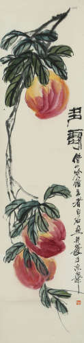 PEACHES, INK AND COLOR ON PAPER, HANGING SCROLL, QI BAISHI