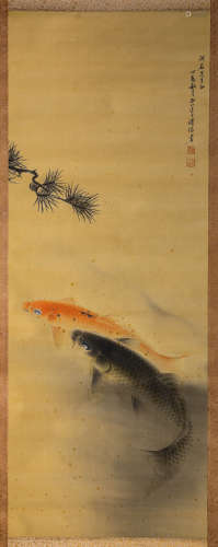 FISH, INK AND COLOR ON SILK, HANGING SCROLL, PU RU