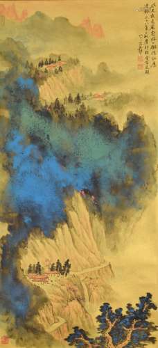 LANDSCAPE, INK AND COLOR ON PAPER, HANGING SCROLL, ZHANG DAQ...