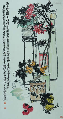 FLOWERS, INK AND COLOR ON PAPER, HANGING SCROLL, WU CHANGSHU...