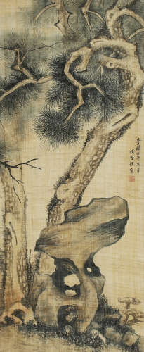 LANDSCAPE, INK AND COLOR ON SILK, MOUNTED, XIANG SHENGMO