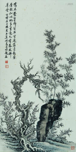 BAMBOO, INK AND COLOR ON PAPER, HANGING SCROLL, LOU XINGHU