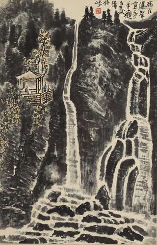 LANDSCAPE, INK AND COLOR ON PAPER, HANGING SCROLL, LI KERAN