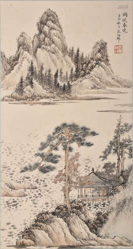 LANDSCAPE, INK AND COLOR ON PAPER, MOUNTED, ZHU MEICUN