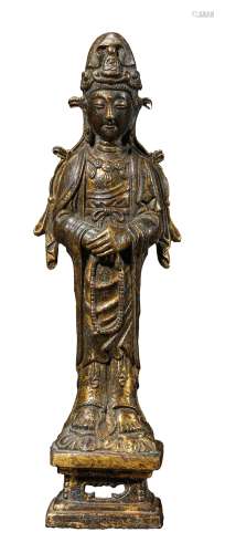 A GILDED COPPER STATUE OF GUANYIN