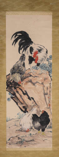 ROOSTER, INK AND COLOR ON PAPER, HANGING SCROLL, XU BEIHONG