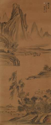 LANDSCAPE, INK AND COLOR ON SILK, HANGING SCROLL, YUN BENCHU