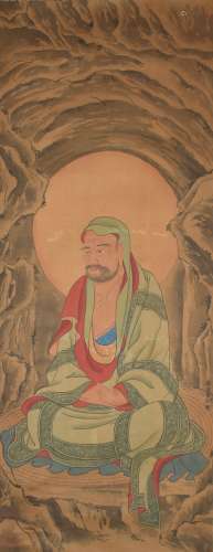 BODHIDHARMA, INK AND COLOR ON SILK, HANGING SCROLL, SU HANCH...