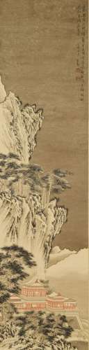 LANDSCAPE, INK AND COLOR ON PAPER, HANGING SCROLL, PU RU
