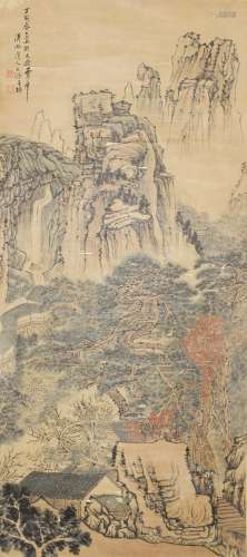 LANDSCAPE, INK AND COLOR ON PAPER, HANGING SCROLL, SHI TAO