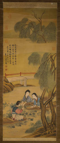 FIGURE SHORY, INK AND COLOR ON SILK, HANGING SCROLL, TANG YI...