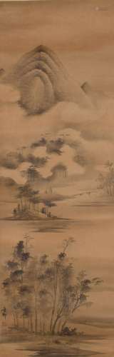 LANDSCAPE, INK AND COLOR ON PAPER, HANGING SCROLL, GUAN HUAI