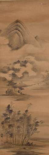 LANDSCAPE, INK AND COLOR ON PAPER, HANGING SCROLL, GUAN HUAI