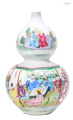 A FAMILLE ROSE FIGURE STORY DOUBLE-GOURD VASE