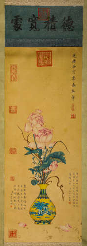 FLOWERS, INK AND COLOR ON SILK, HANGING SCROLL, CI XI