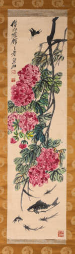 FLOWERS, INK AND COLOR ON PAPER, HANGING SCROLL, QI BAISHI