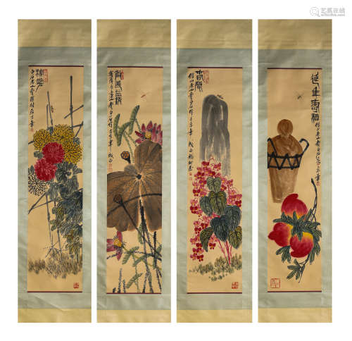 FLOWERS AND BIRDS, INK AND COLOR ON PAPER, HANGING SCROLL, S...