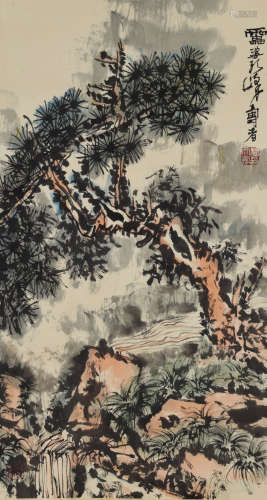 LANDSCAPE, INK AND COLOR ON PAPER, HANGING SCROLL, PAN TIANS...