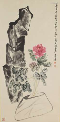 FLOWER, INK AND COLOR ON PAPER, HANGING SCROLL, WU CHANGSHUO